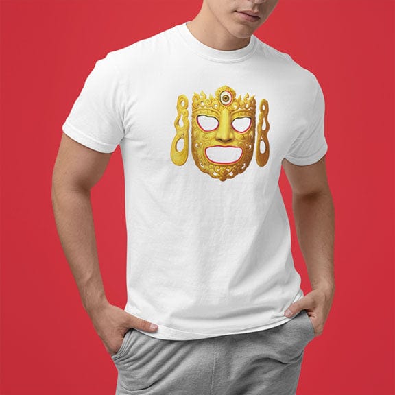 Man wearing ornate Buddha ceremonial dance mask on white t-shirt for Buddhist ritual sacred vessel mystery tradition