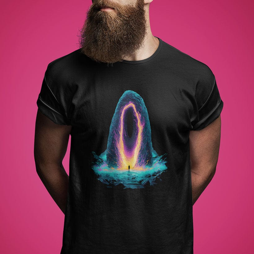Man wearing lone figure at glowing cave portal entrance on black t-shirt for awakening threshold crossing and courage.