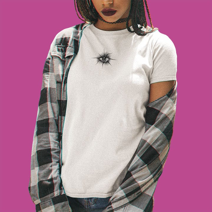 Woman wearing radiating eye white t-shirt for awakening clear vision third eye sight trust spiritual seeing through