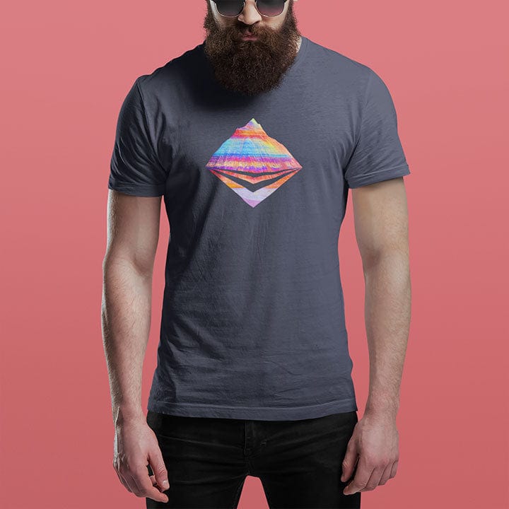 Man wearing layered mountains in vibrant gradient tones dark grey t-shirt for mountain elevation color vision ridge climbing spiritual revelation