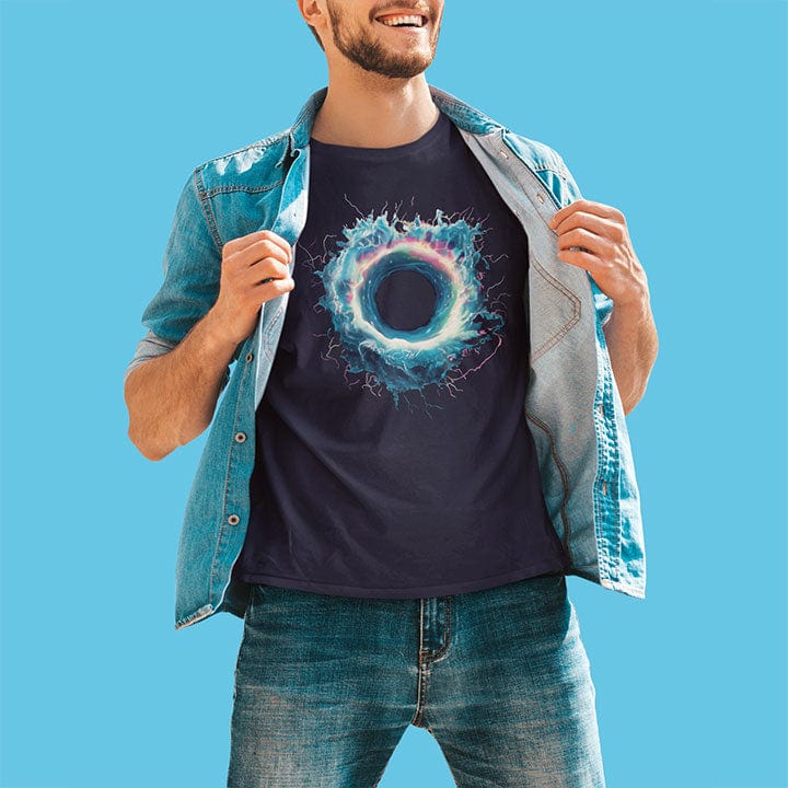 Man wearing electric blue cosmic ring with lightning edges navy t-shirt for cosmic gateway energy threshold lightning portal dimensional crossing spiritual voltage