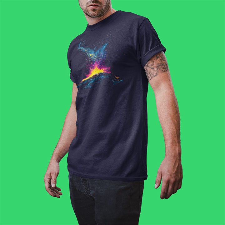 Man wearing volacno erupting with cosmic fire and stars navy t-shirt for cosmic inferno volcanic transformation creative eruption spiritual heat growth