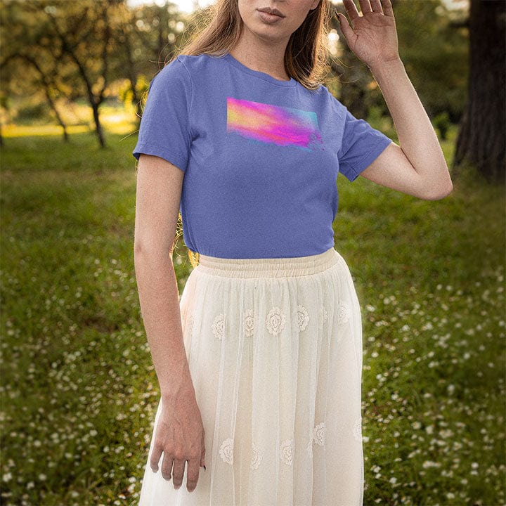 Woman wearing purple t-shirt for daybreak whispers first light sky messages dawn truth spiritual listening