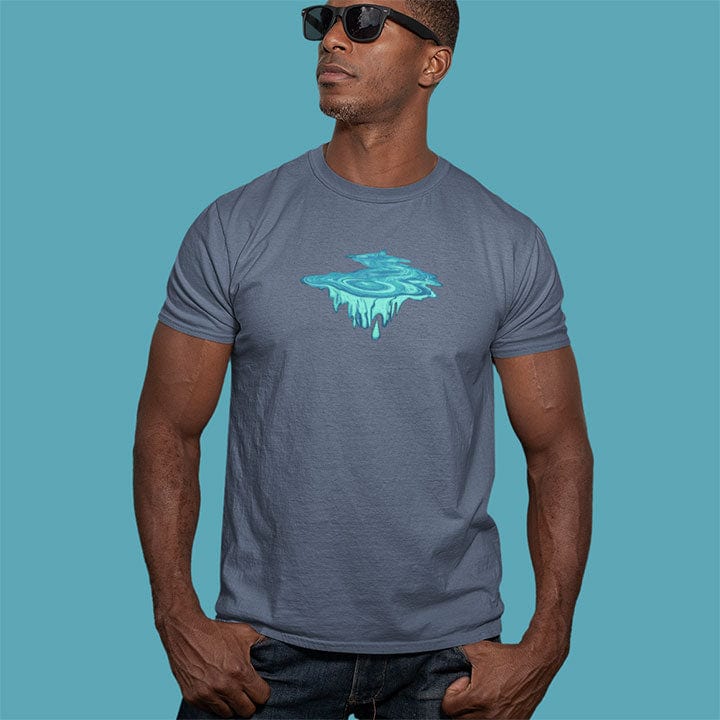 Man wearing water droplet portal with dripping icicles grey t-shirt for eternity depth endless falling water wisdom spiritual trust bottomless