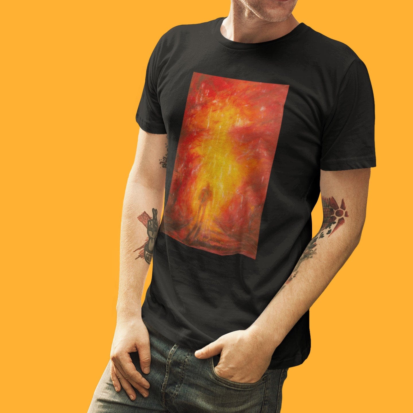 Man wearing ember fire portal on black t-shirt for intense initiation into intense transformation spiritual trial