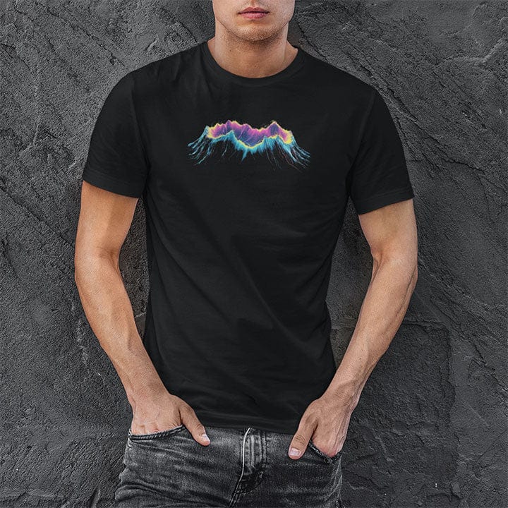 Man wearing glowing ancient volcano black t-shirt for creative fire core power earth shaping spiritual strength