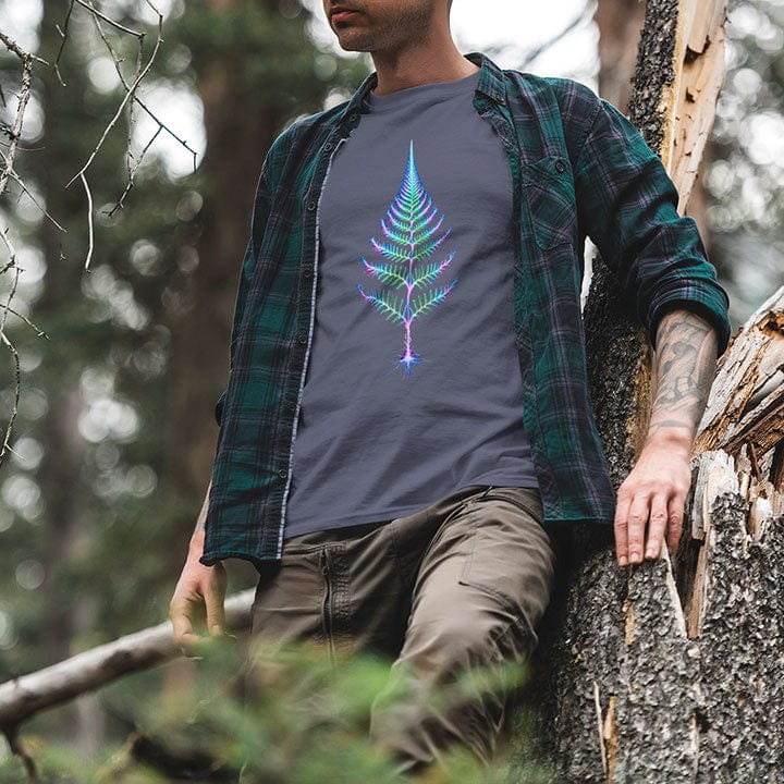 Man in forest wearing glowing fern grey t-shirt for slow growth and patience.