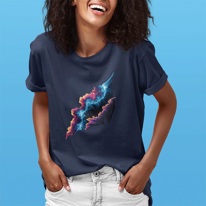 Woman wearing cosmic form split between orange flame and icy blue on navy t-shirt for balance alchemy duality mastery spiritual transformation