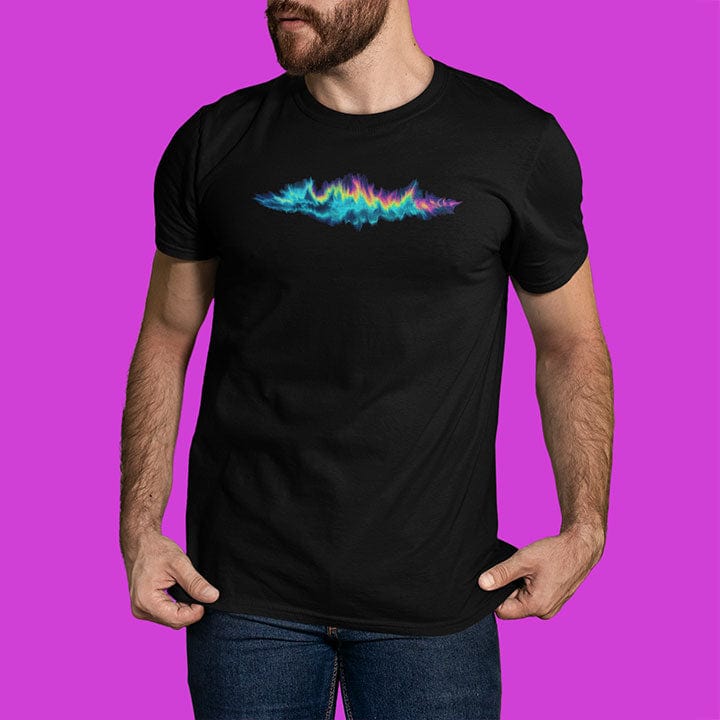 Man wearing vibrant rainbow soundwave with electric edges black t-shirt for synesthesia frequency color sound light collision spiritual music fire sky