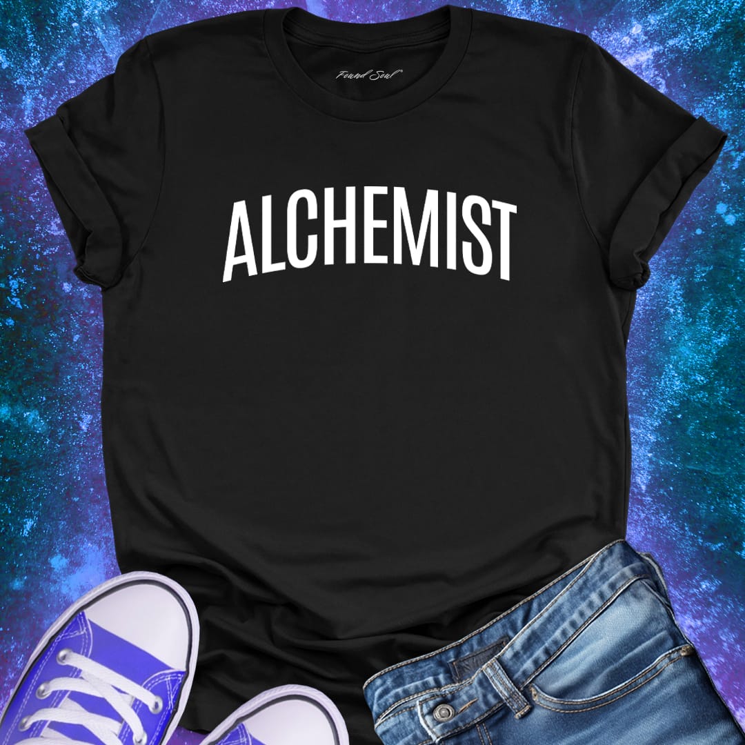 Alchemist black t-shirt for transformation and personal alchemy.