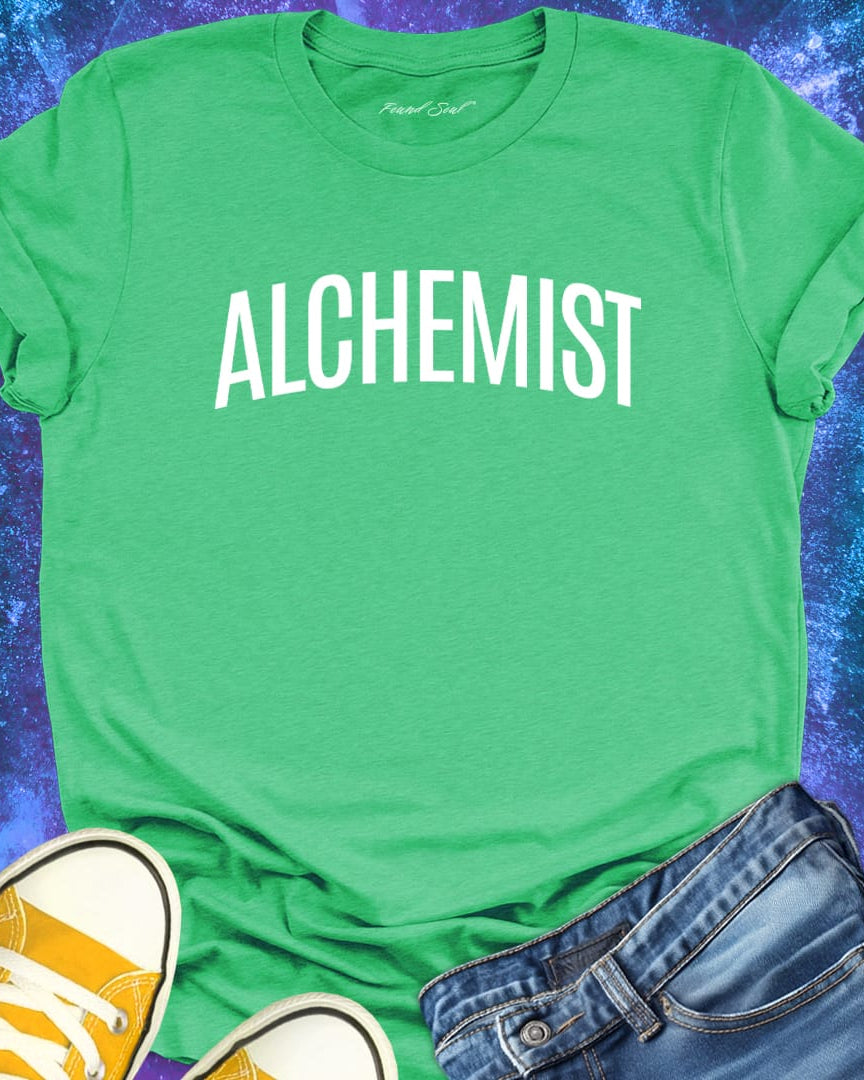 Alchemist green t-shirt for transformation and personal alchemy.