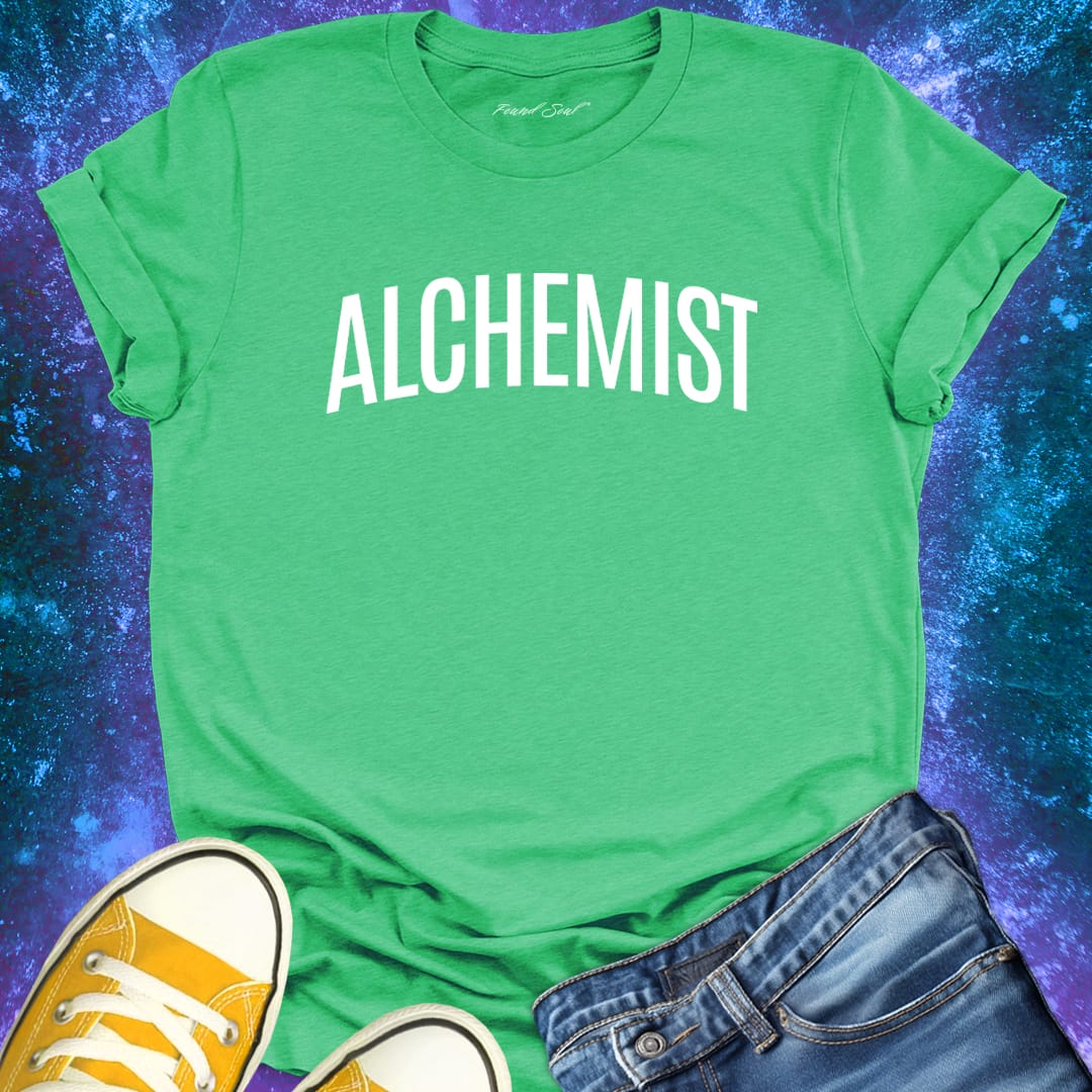 Alchemist green t-shirt for transformation and personal alchemy.