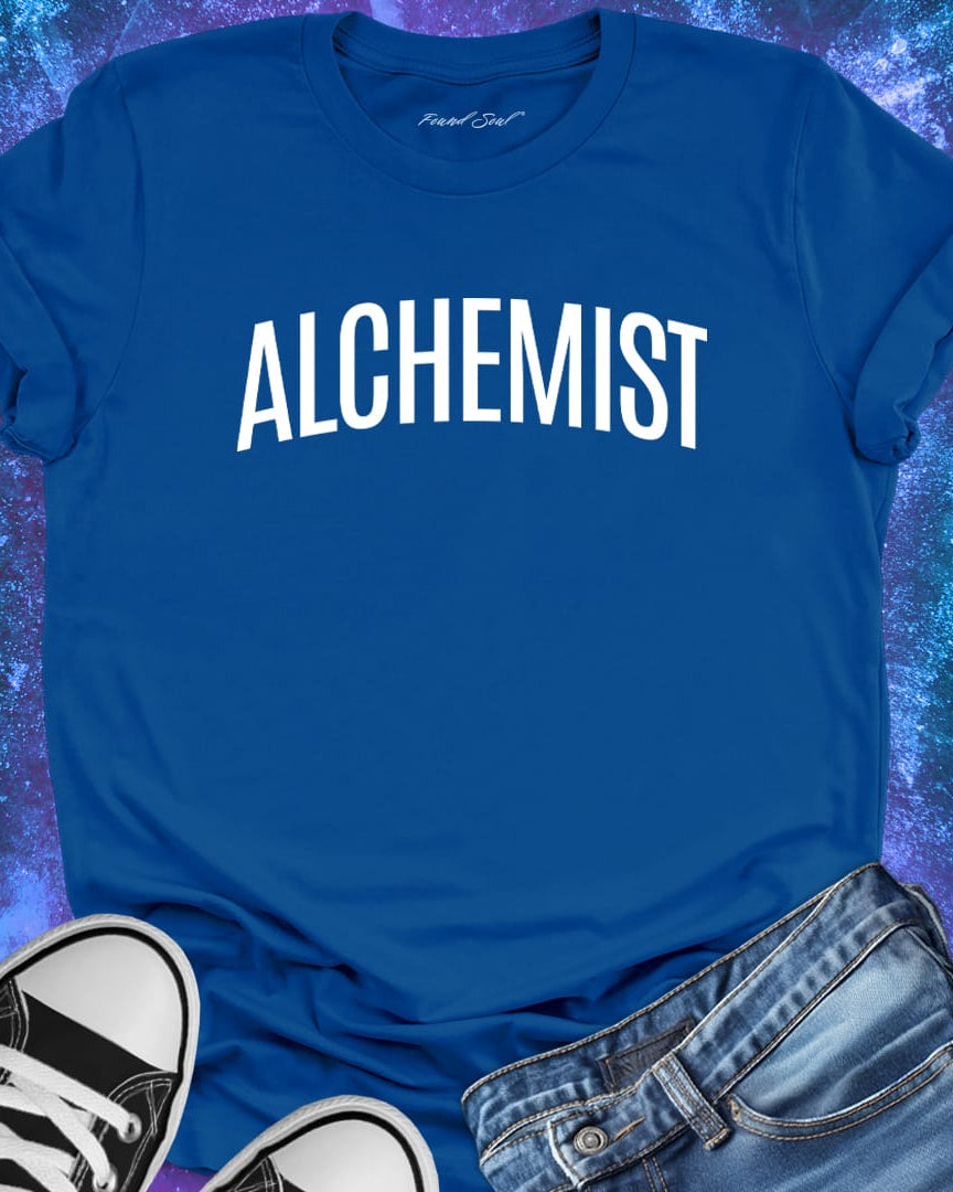 Alchemist blue t-shirt for transformation and personal alchemy.