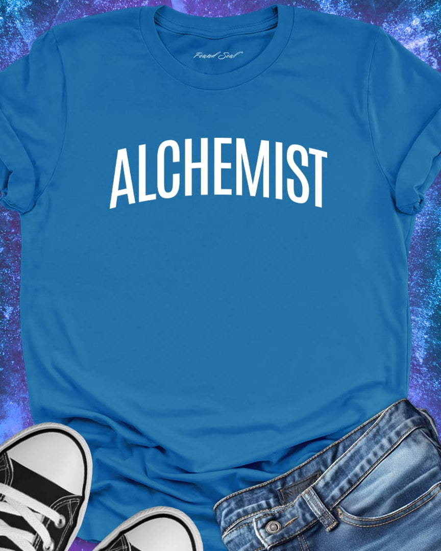 Alchemist blue t-shirt for transformation and personal alchemy.