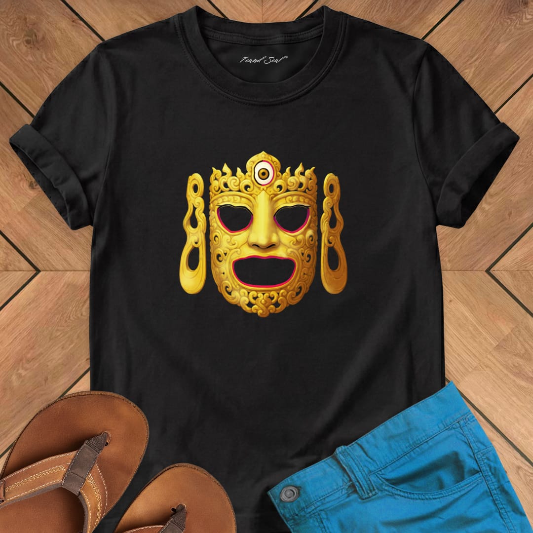 Ornate Buddha ceremonial dance mask on black t-shirt for Buddhist ritual sacred vessel mystery tradition