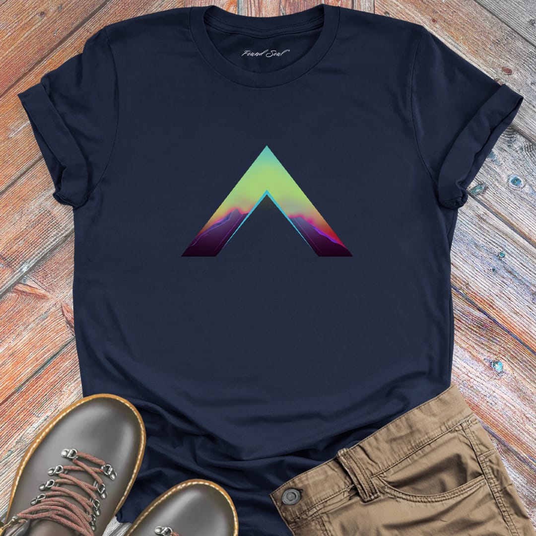 Mountain peak in sunset twilight navy t-shirt for ascension climbing upward nature spiritual rising perspective gain