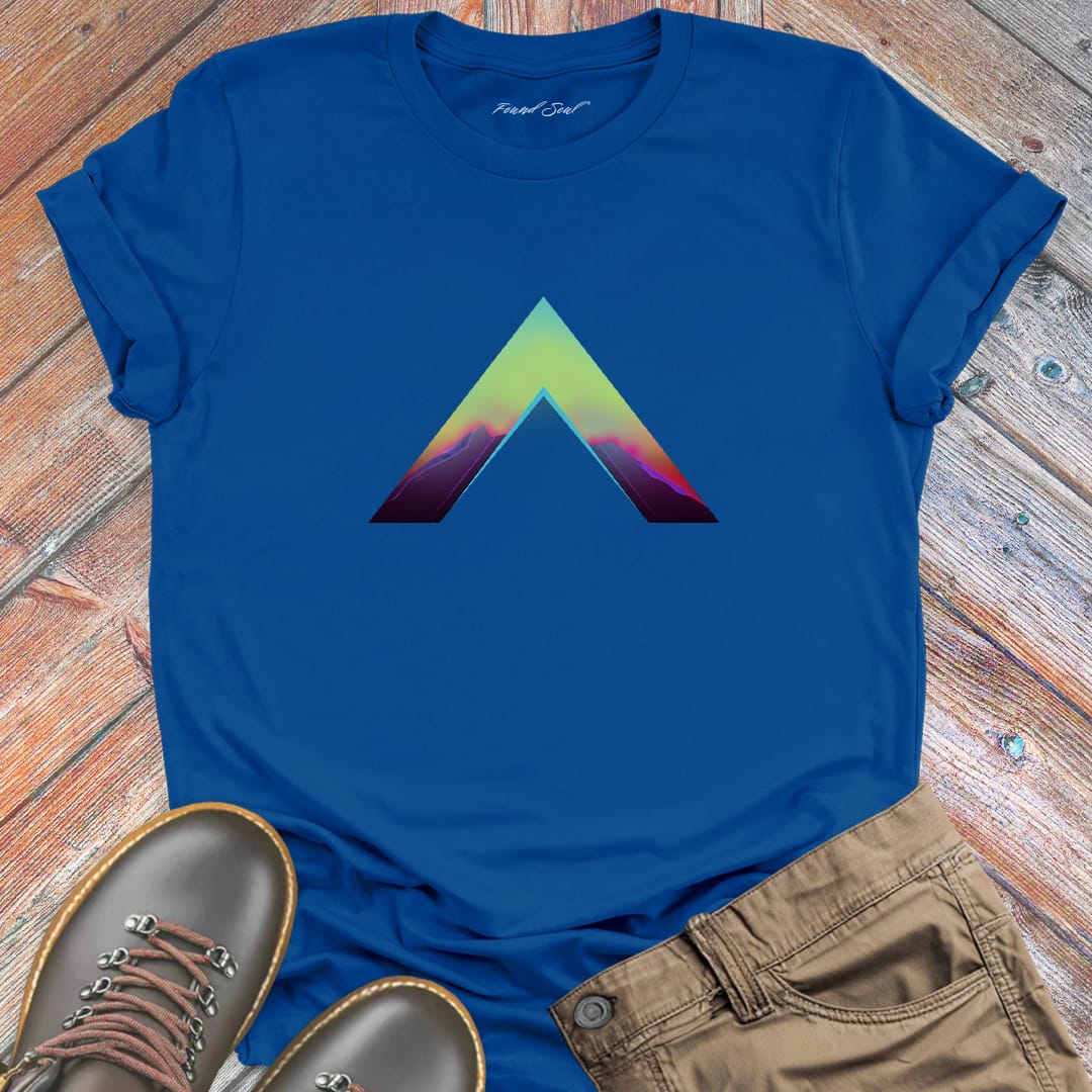 Mountain peak in sunset twilight blue t-shirt for ascension climbing upward nature spiritual rising perspective gain