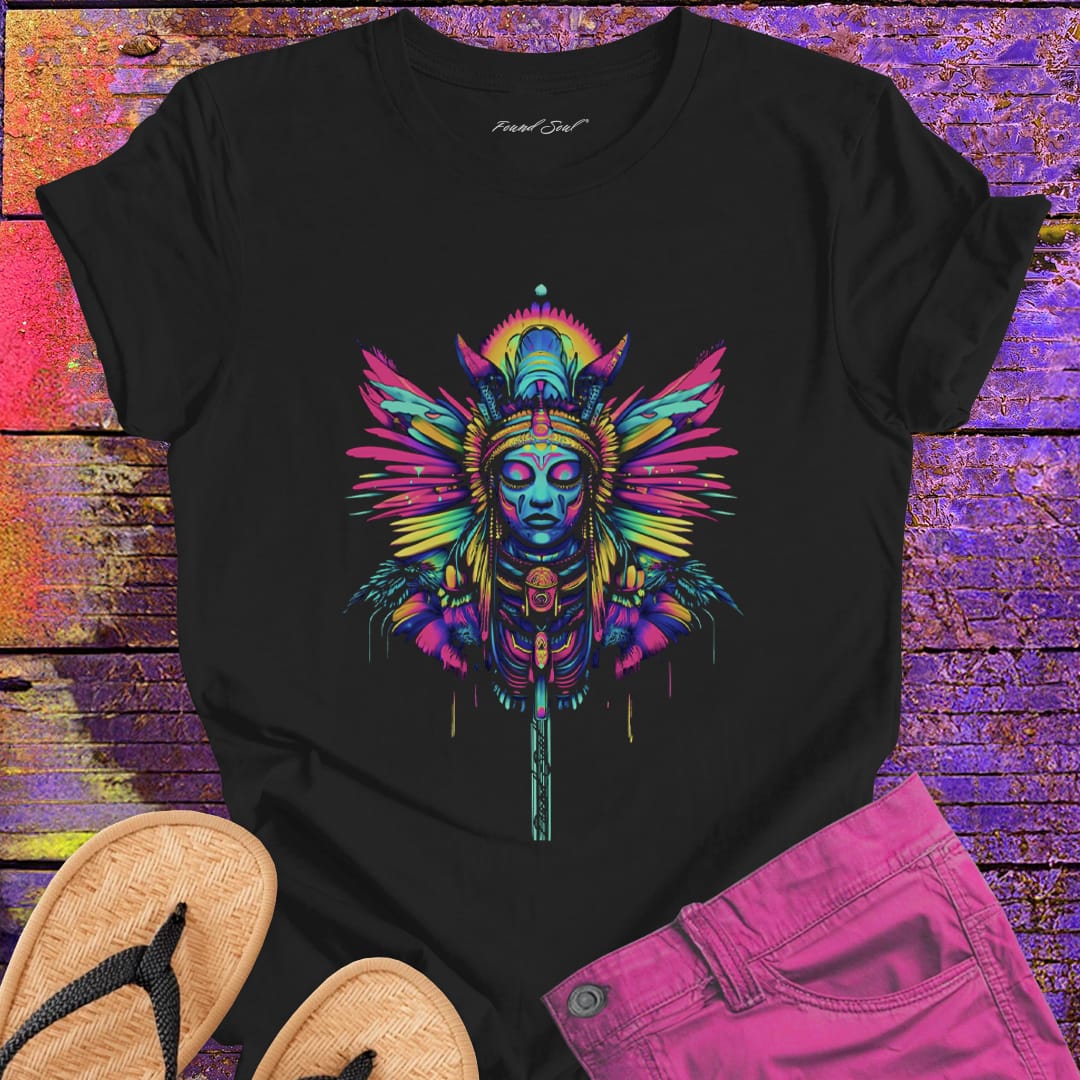 Female shaman figure radiating vibrant prismatic energy on black t-shirt for astral healing shamanic journey spiritual work