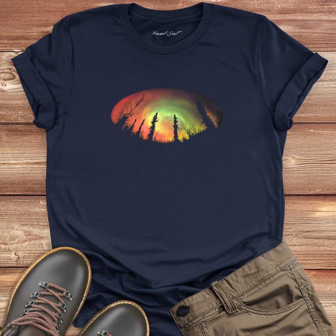Forest silhouette in front of aurora on navy t-shirt for nature mysticism earth sky connection.