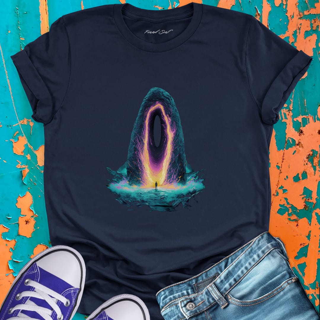 Lone figure at glowing cave portal entrance on navy t-shirt for awakening threshold crossing and courage.