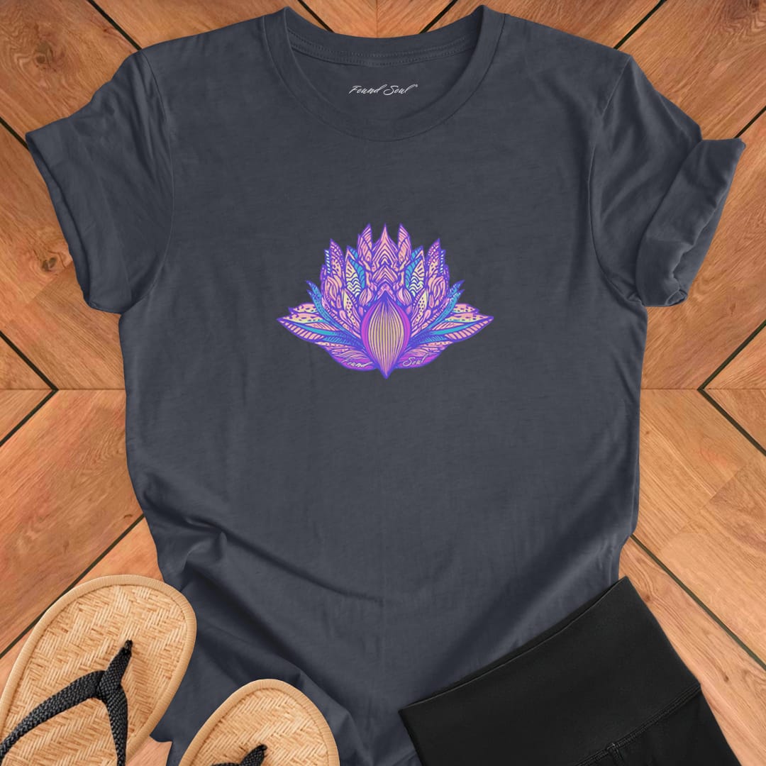 Ornate lotus with detailed line work on dark grey t-shirt for awakening patient blooming lotus wisdom spiritual unfolding trust