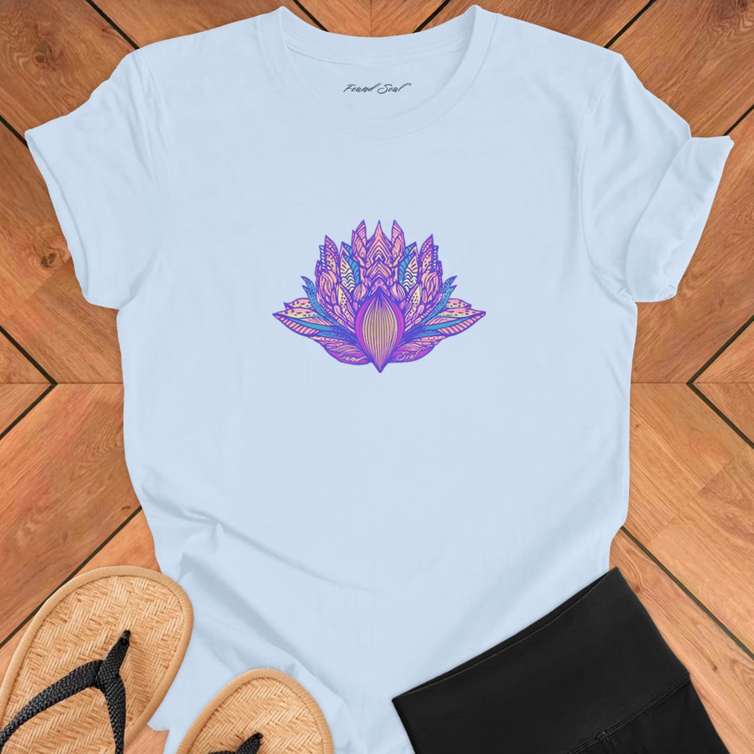 Ornate lotus with detailed line work on light blue t-shirt for awakening patient blooming lotus wisdom spiritual unfolding trust