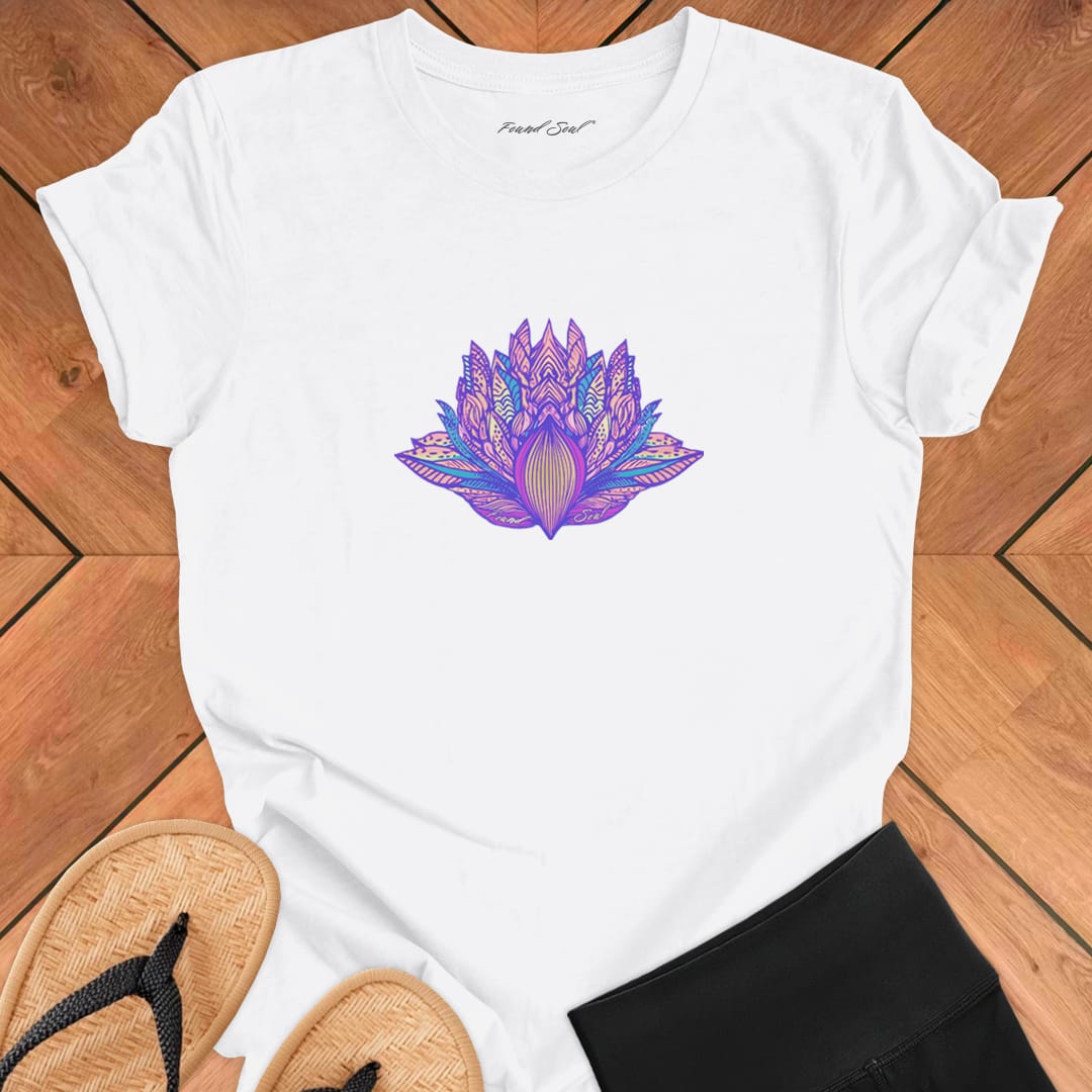 Ornate lotus with detailed line work on white t-shirt for awakening patient blooming lotus wisdom spiritual unfolding trust