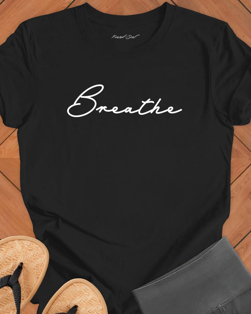 Breathe mediation dark grey t-shirt for mindfulness spiritual apparel.