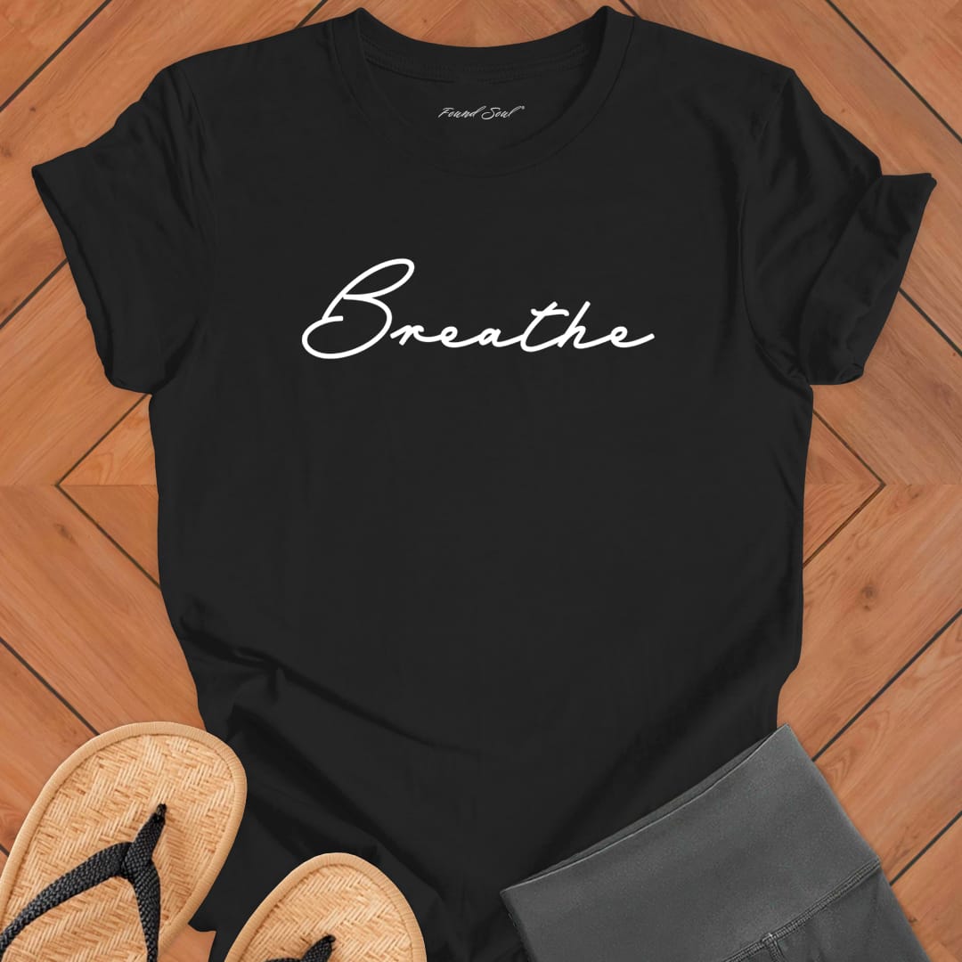 Breathe mediation dark grey t-shirt for mindfulness spiritual apparel.