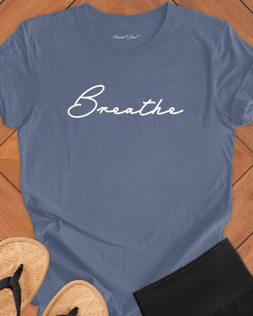 Breathe mediation grey t-shirt for mindfulness spiritual apparel.