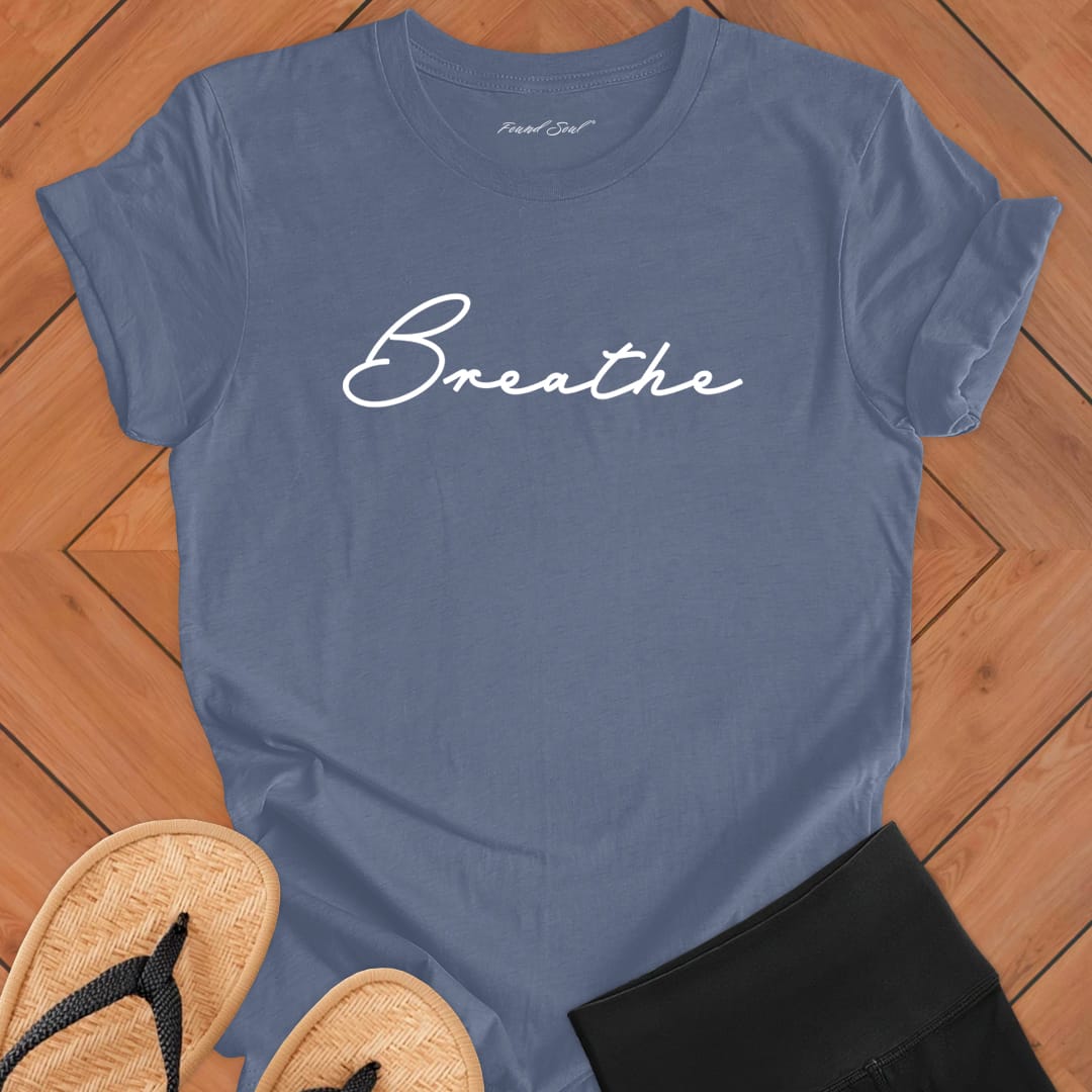 Breathe mediation grey t-shirt for mindfulness spiritual apparel.