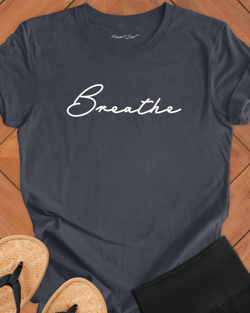 Breathe mediation grey t-shirt for mindfulness spiritual apparel.