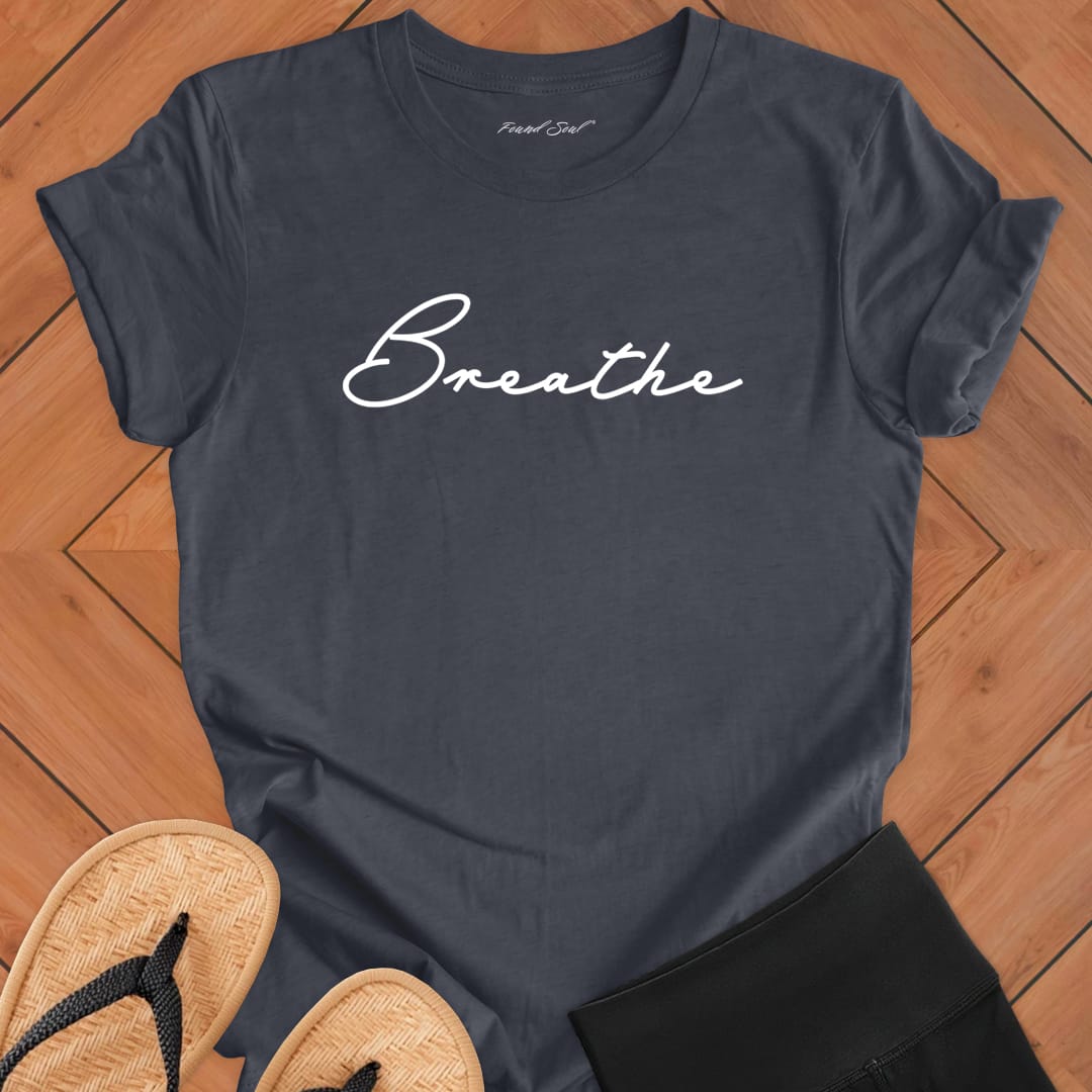 Breathe mediation grey t-shirt for mindfulness spiritual apparel.