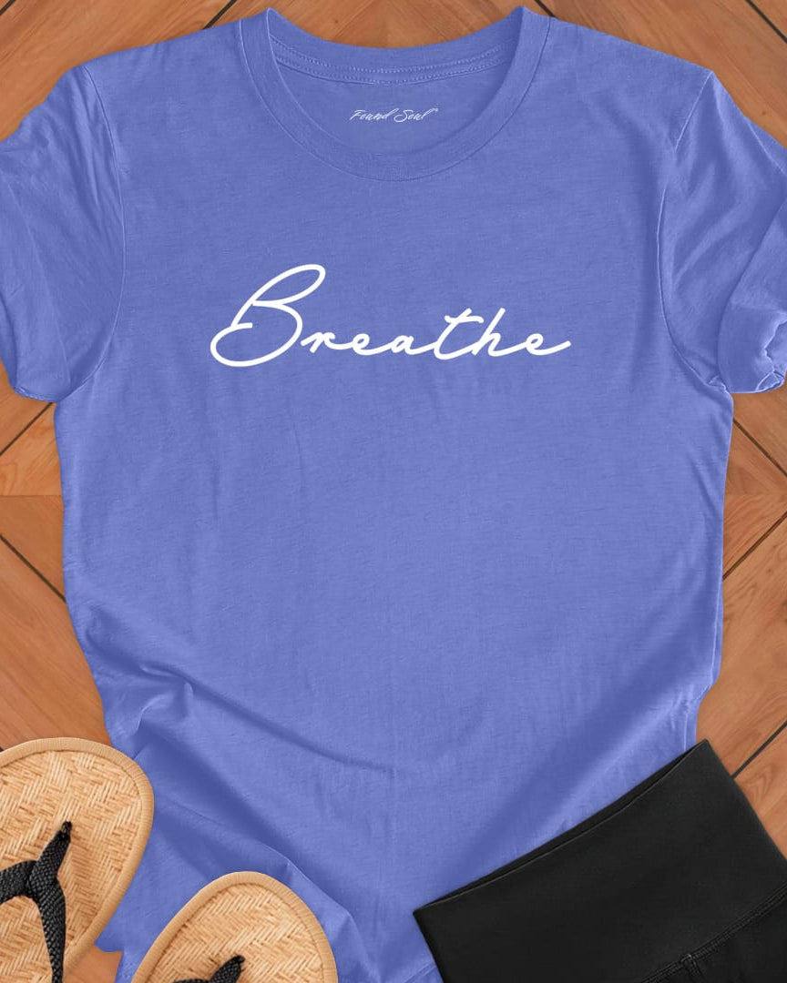 Breathe mediation purple t-shirt for mindfulness spiritual apparel.