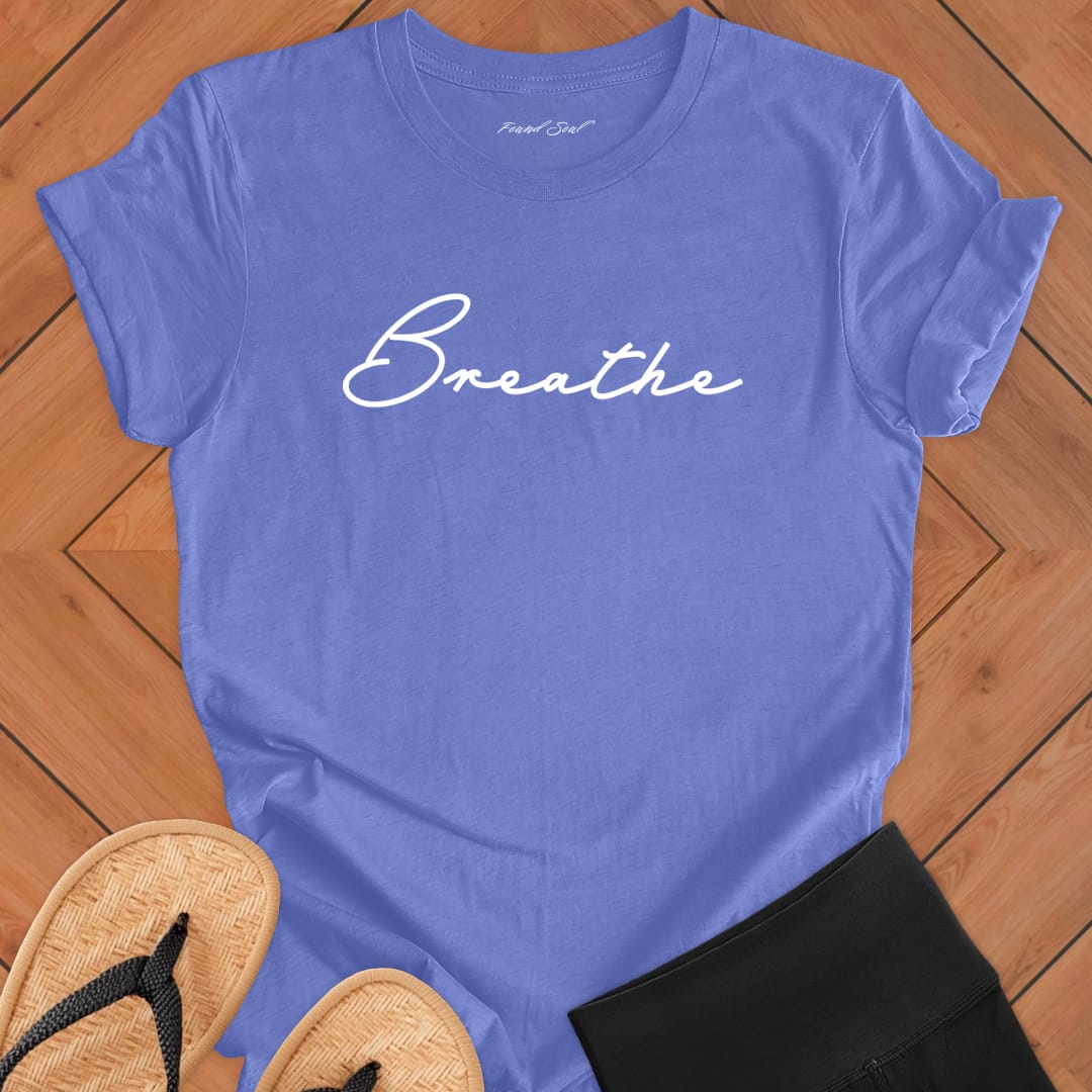 Breathe mediation purple t-shirt for mindfulness spiritual apparel.
