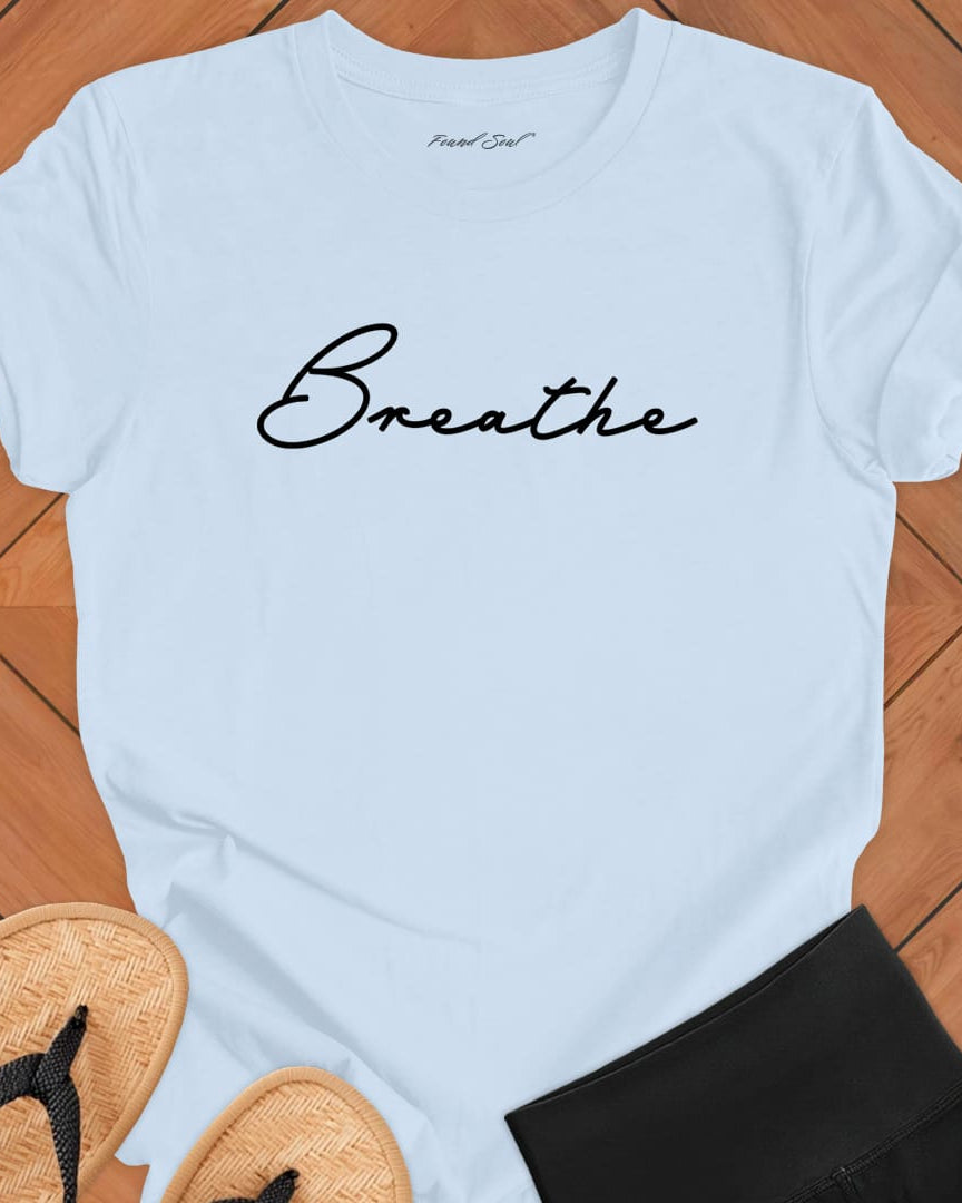 Breathe mediation light blue t-shirt for mindfulness spiritual apparel.