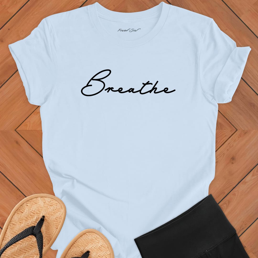 Breathe mediation light blue t-shirt for mindfulness spiritual apparel.