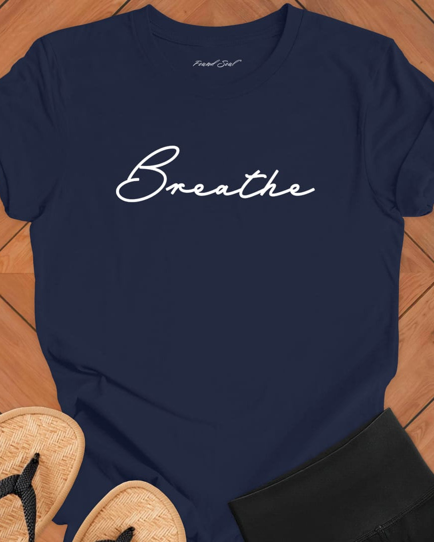 Breathe mediation navy t-shirt for mindfulness spiritual apparel.