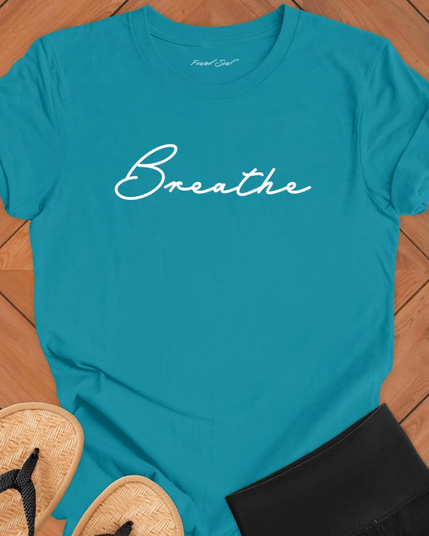 Breathe mediation turquoise t-shirt for mindfulness spiritual apparel.