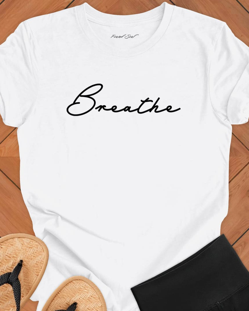 Breathe mediation white t-shirt for mindfulness spiritual apparel.