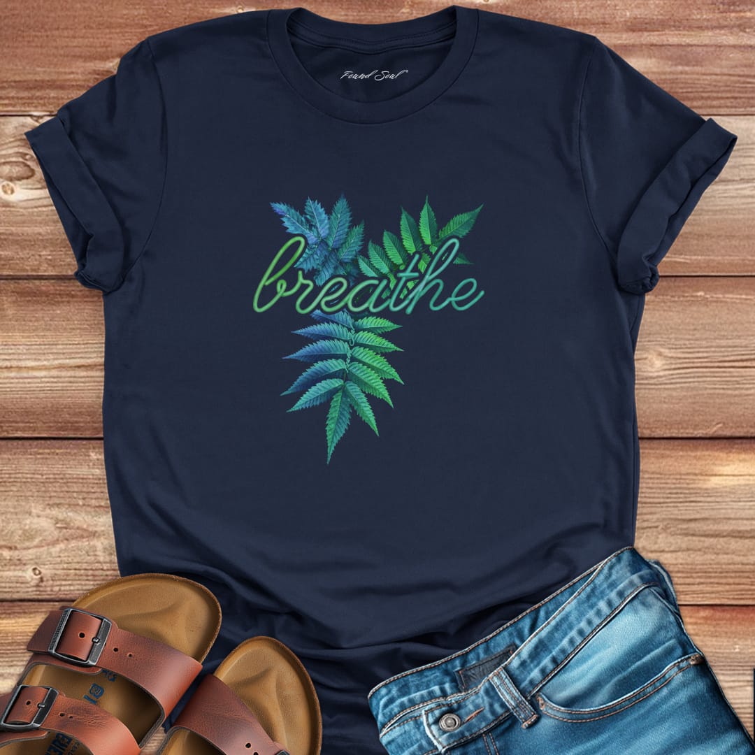 Breathe navy t-shirt for mindfulness and presence.