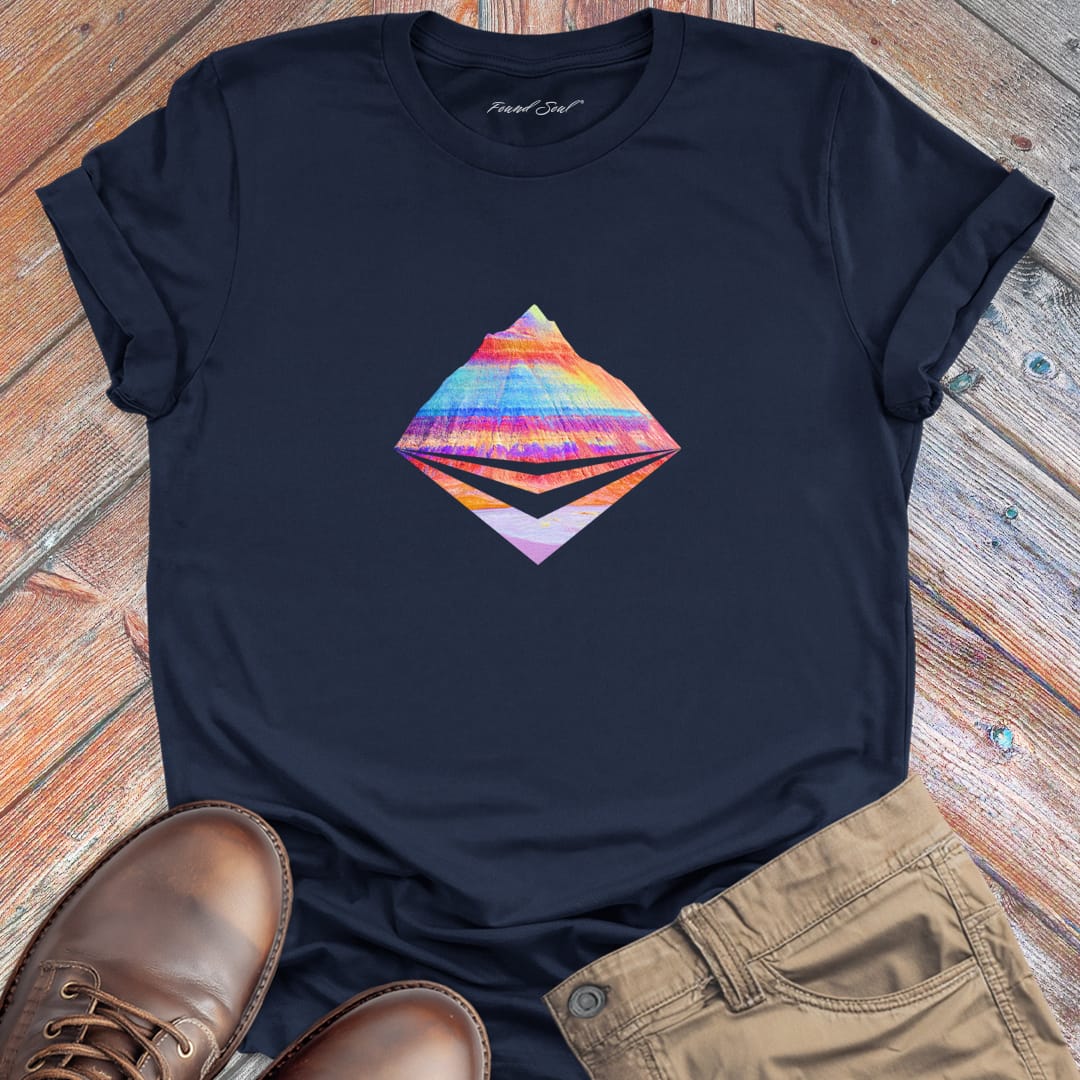 Layered mountains in vibrant gradient tones navy t-shirt for mountain elevation color vision ridge climbing spiritual revelation