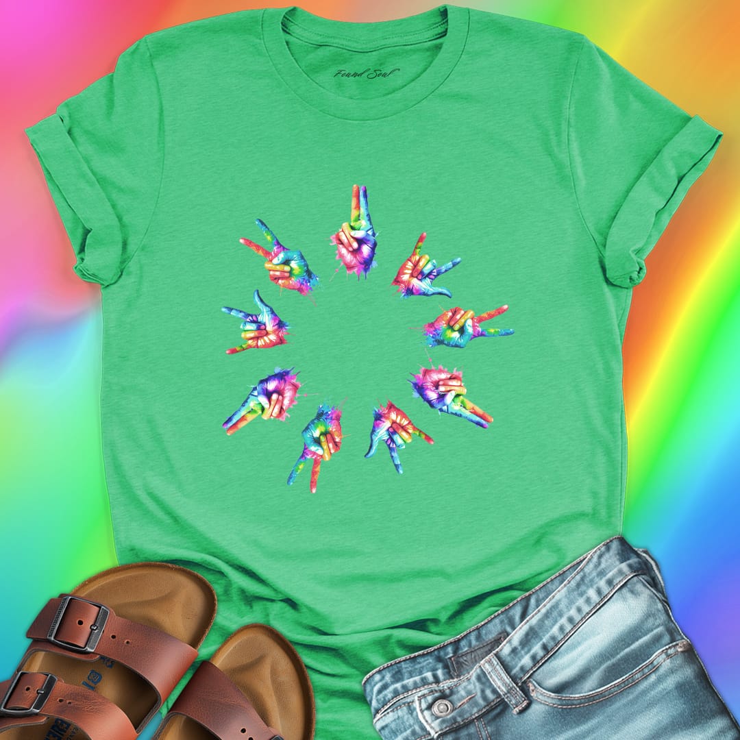 Rainbow tie-dye hands arranged in circle green t-shirt for unity harmony peace community building spiritual connection inclusive love
