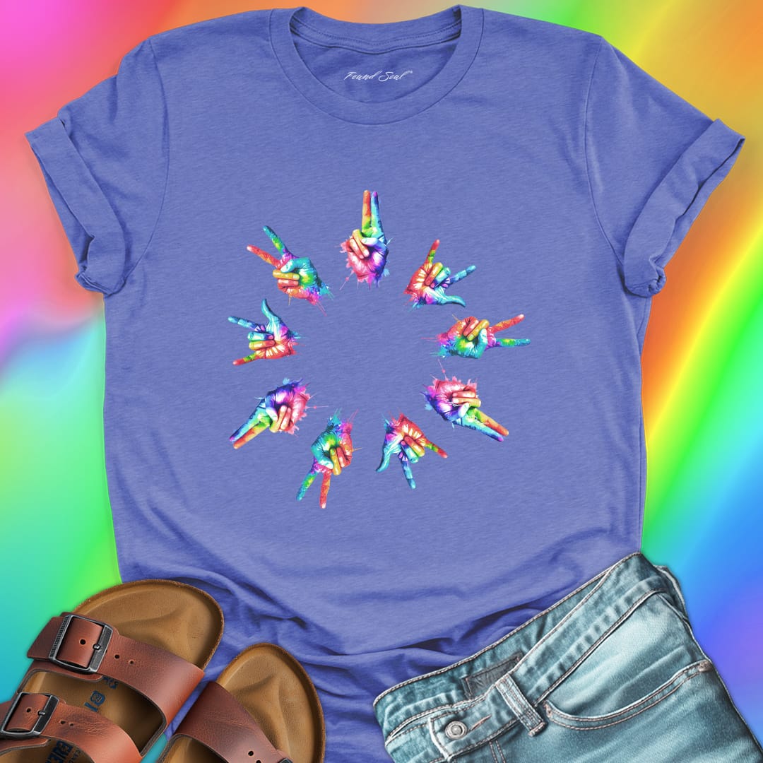 Rainbow tie-dye hands arranged in circle purple t-shirt for unity harmony peace community building spiritual connection inclusive love