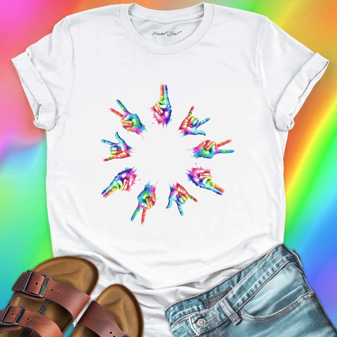 Rainbow tie-dye hands arranged in circle white t-shirt for unity harmony peace community building spiritual connection inclusive love