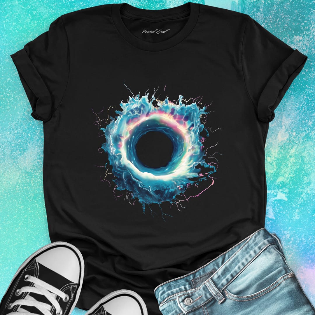Electric blue cosmic ring with lightning edges black t-shirt for cosmic gateway energy threshold lightning portal dimensional crossing spiritual voltage