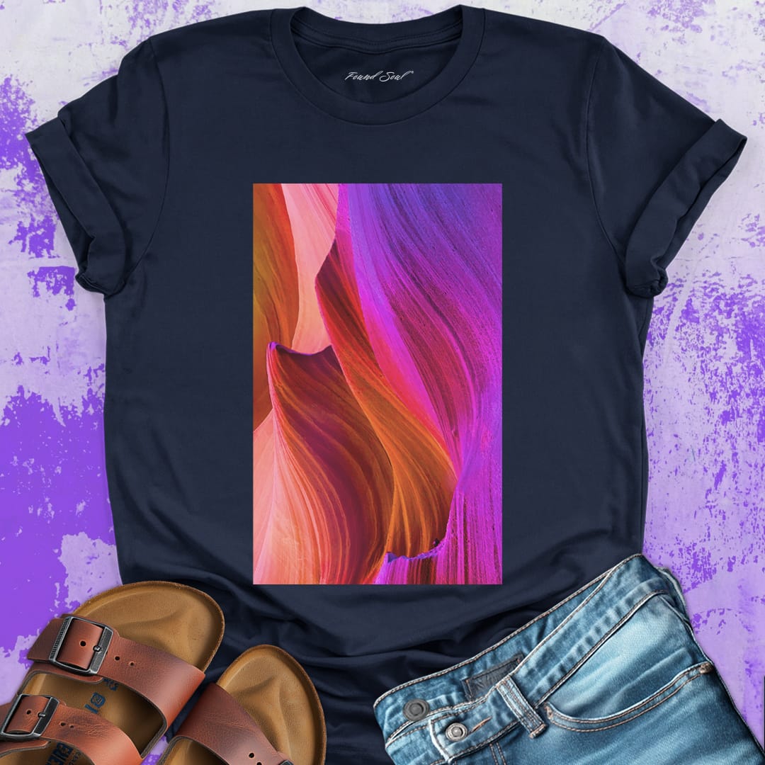 Layered desert rock formations navy t-shirt for desert patience time composition stone symphony erosion beauty spiritual
