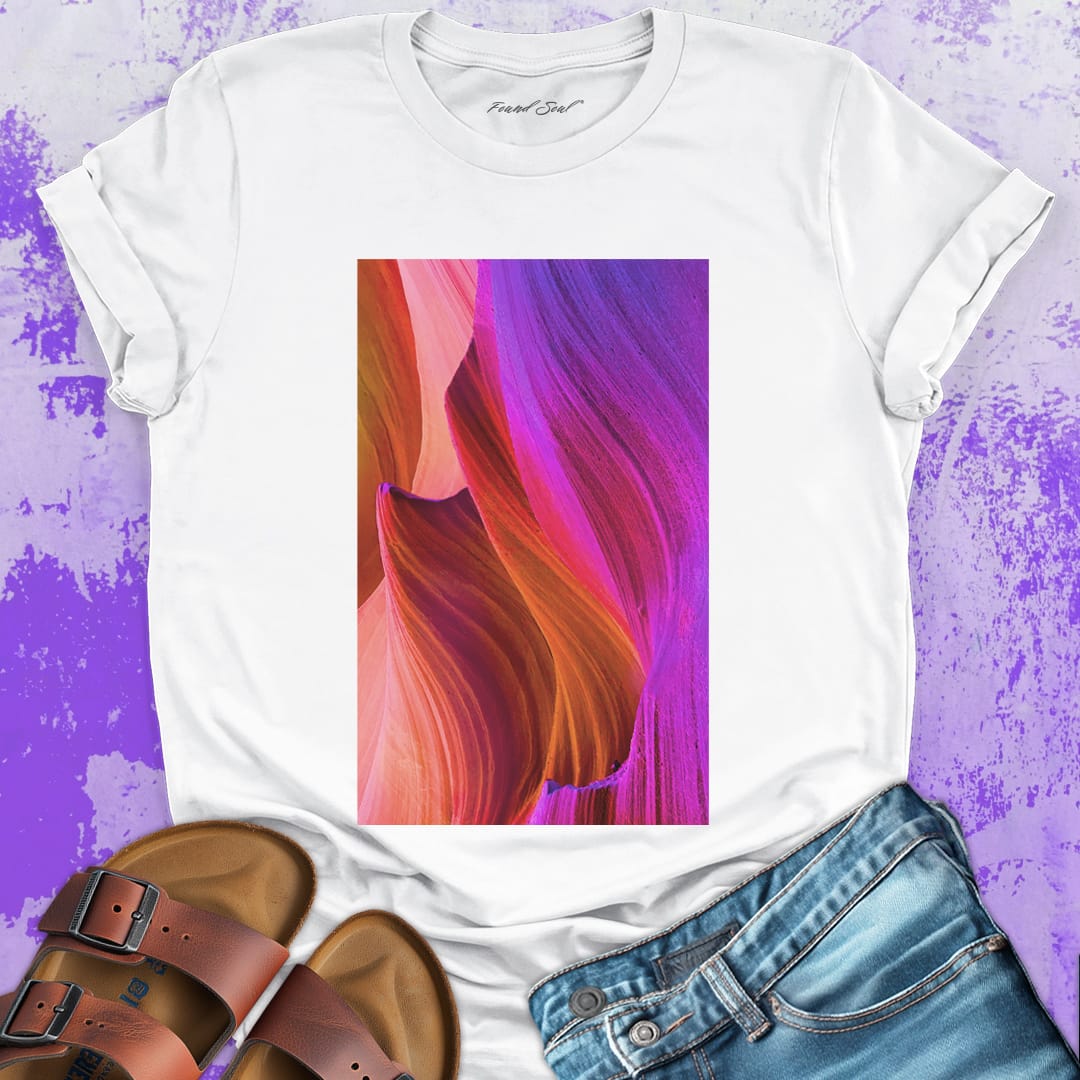 Layered desert rock formations white t-shirt for desert patience time composition stone symphony erosion beauty spiritual