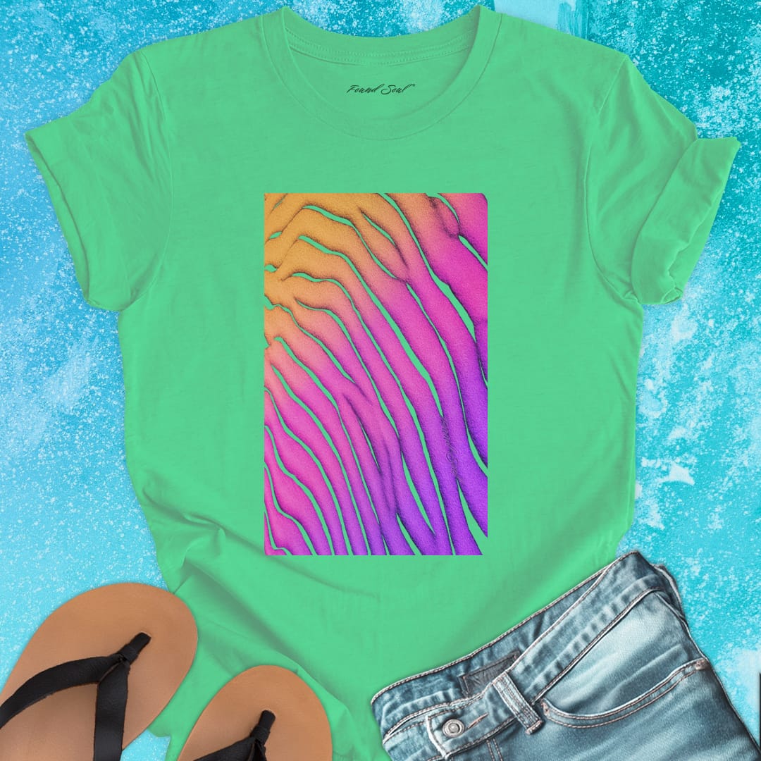 Flowing wave patterns etched in sand green t-shirt for water signature sand memory imprint flow spiritual marking