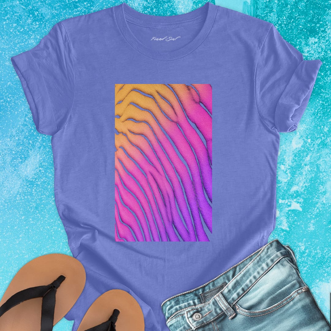 Flowing wave patterns etched in sand purple t-shirt for water signature sand memory imprint flow spiritual marking